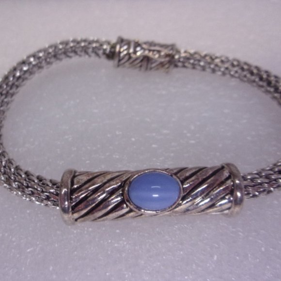 Blue Cabochon Silver Mesh Chain Bracelet 7.5" L - Picture 1 of 7
